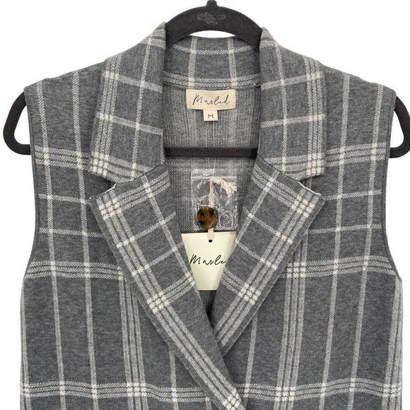Marled Double Breasted Button Front Collared Plaid Vest Gray/White Medium NWT - Picture 3 of 9